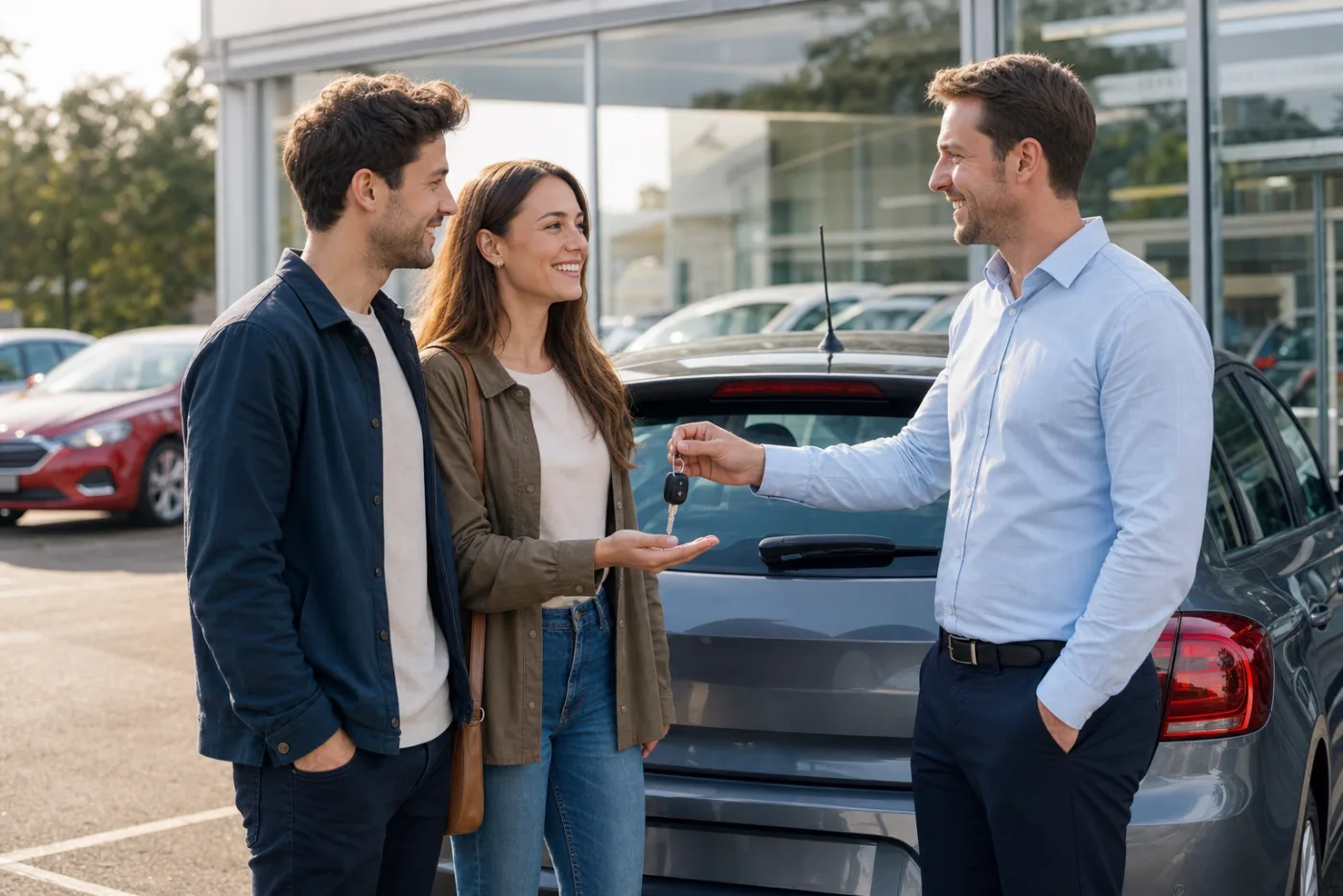A salesman handing car keys to a smiling couple beside their new car