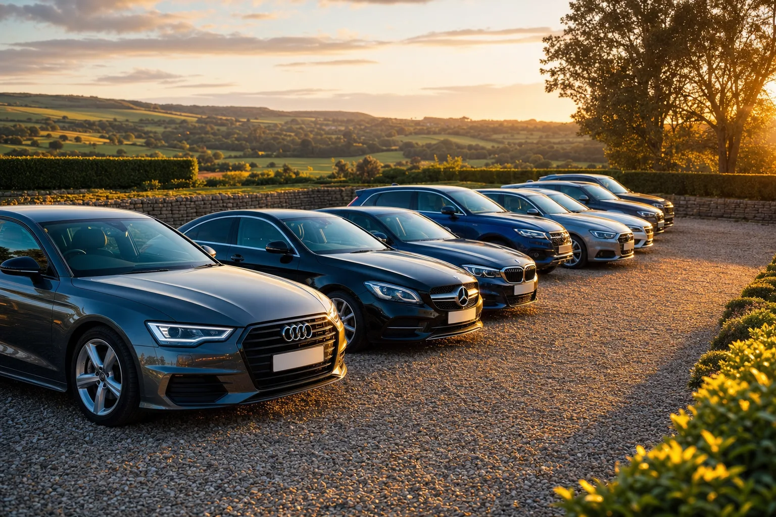 Used cars lined up on a countryside dealership forecourt at golden hour